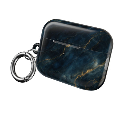 Midnight Marble AirPods protective case with navy marble design and attached carabiner clip