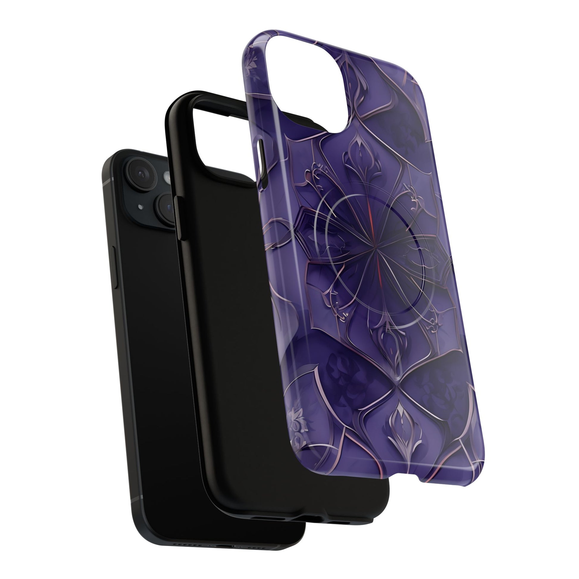 Violet Nebula - Kaleidoscope Collection Artistic Floral Burst - iPhone 15 Plus MagSafe Phone Case -Bold Purple Symmetrical Design
