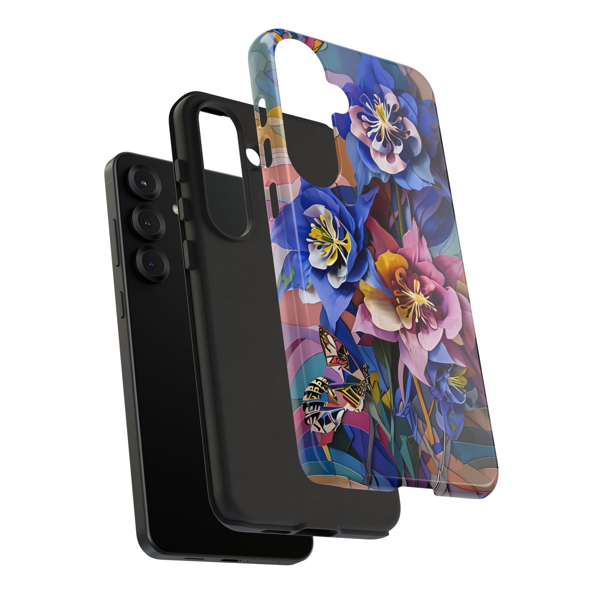 Blue Columbine Carnivale - Artistic Floral & Butterfly Samsung S25 Plus Tough Phone Case - Vibrant Botanical Design
