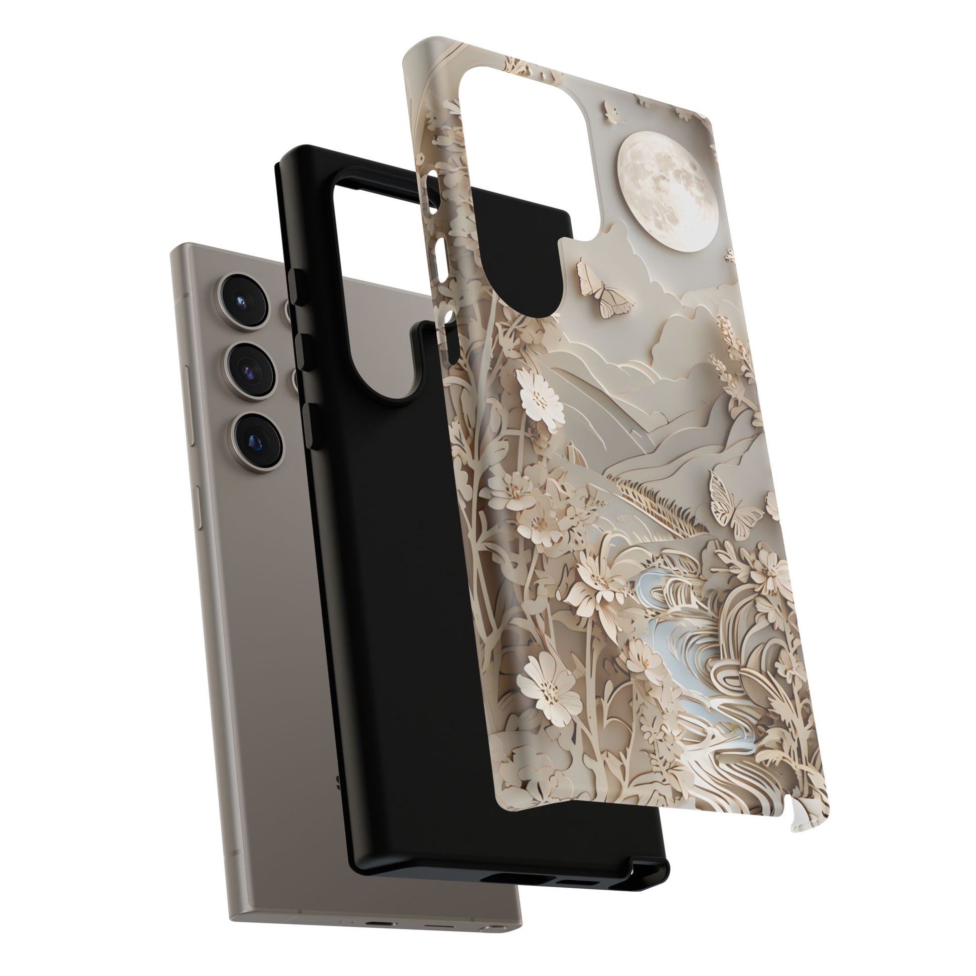 Moonlit Garden - Elegant Neutral Floral Samsung Galaxy S24 Ultra Tough Phone Case - Painterly Botanical & Moon Design