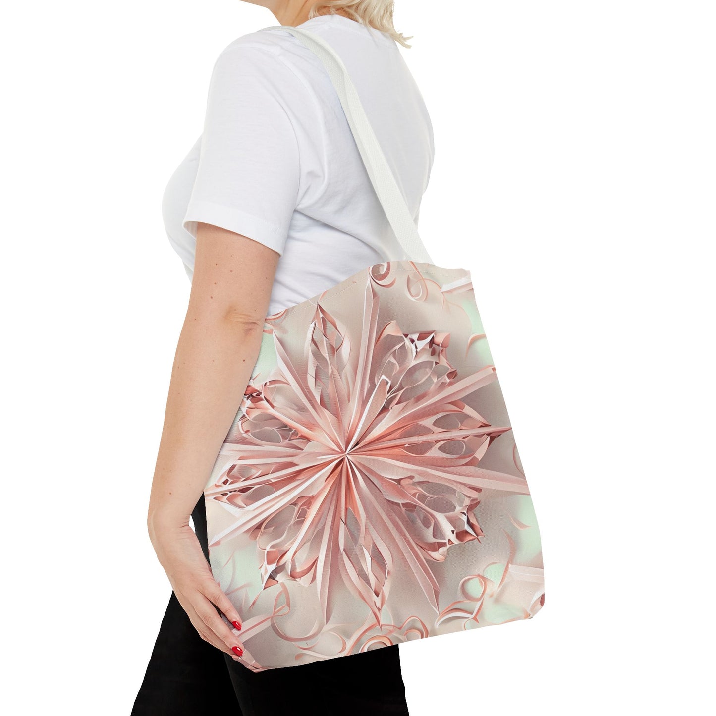 Blush Frost Tote Bag (16x16 & 18x18)- Soft Pink Kaleidoscope Floral with White Handles, Durable & Eco-Friendly Canvas