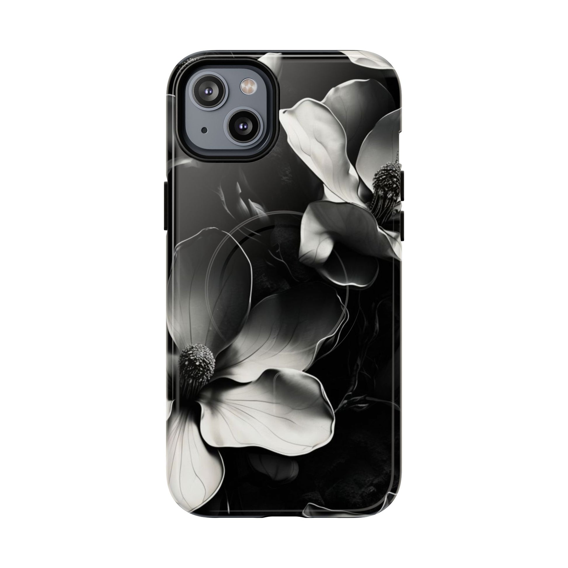 Monochrome Magnolia - Elegant Black & White Floral iPhone 14 Plus MagSafe Phone Case - Artistic Magnolia Design