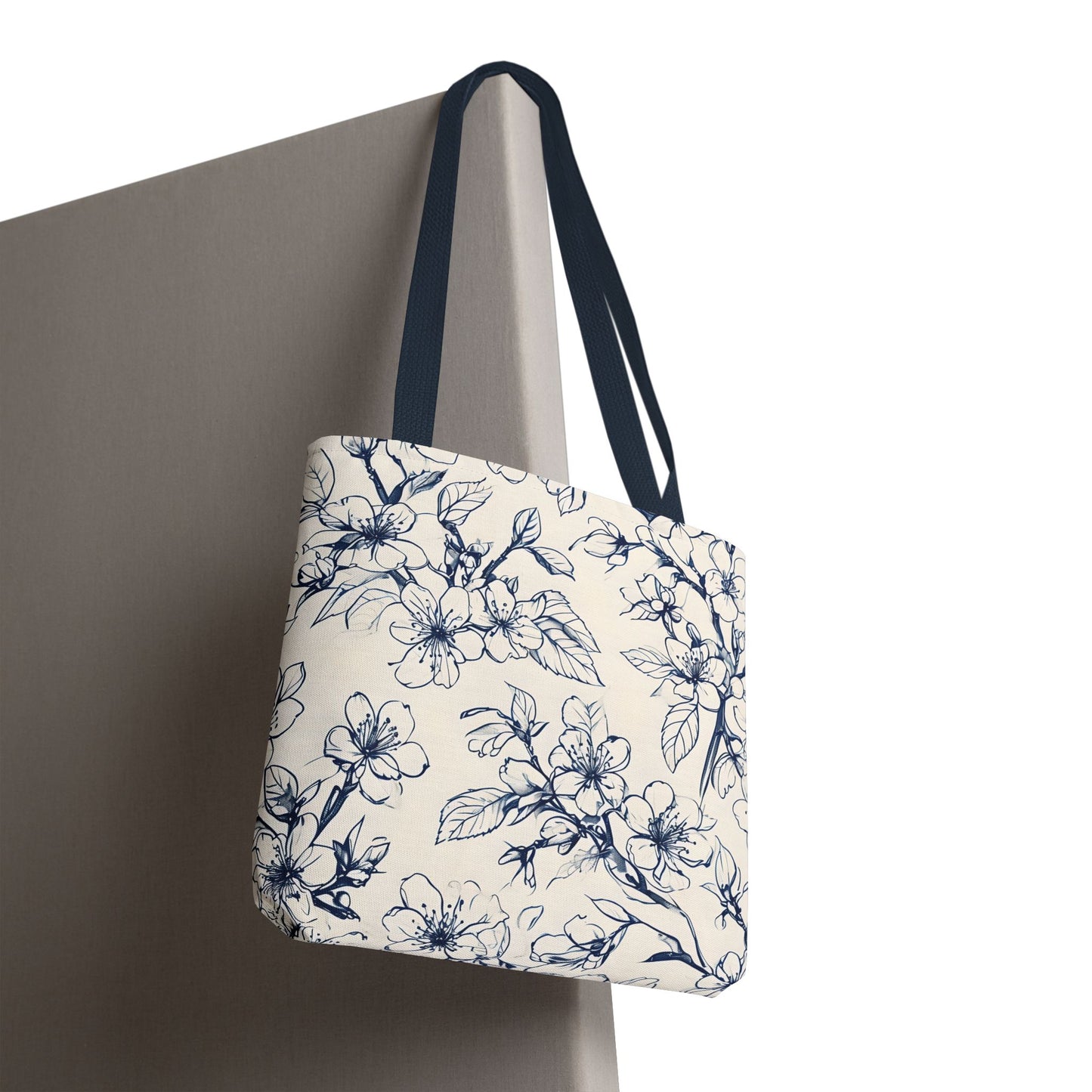 Blossom Sketch Floral Tote Bag (16x16 & 18x18)- Elegant Navy Line Art on Beige Canvas, Reusable & Eco-Friendly