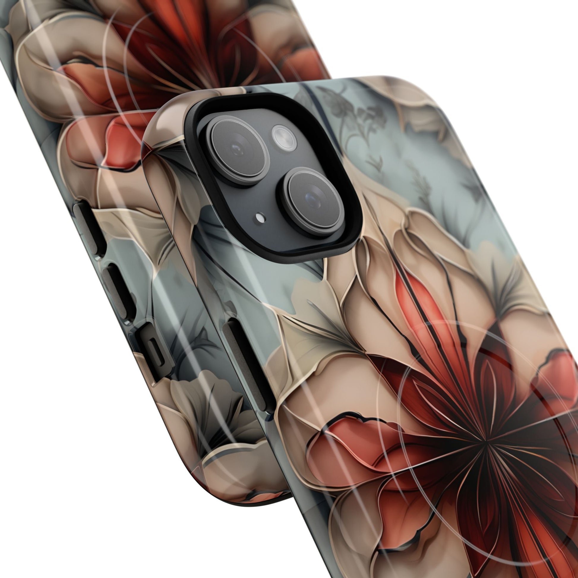 Ember Bloom - Kaleidoscope Collection Artistic Floral iPhone 15 Plus MagSafe Phone Case - Fiery Symmetrical Design
