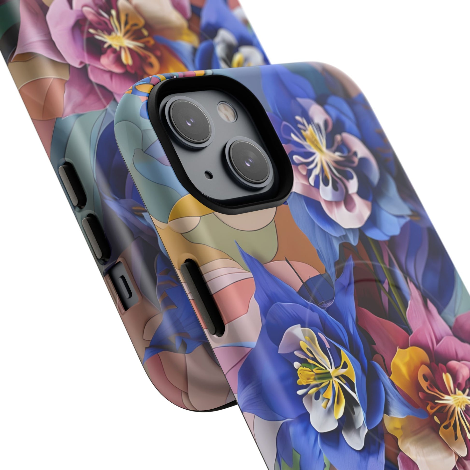 Blue Columbine Carnivale - Artistic Floral & Butterfly iPhone 14 Plus MagSafe Phone Case - Vibrant Botanical Design