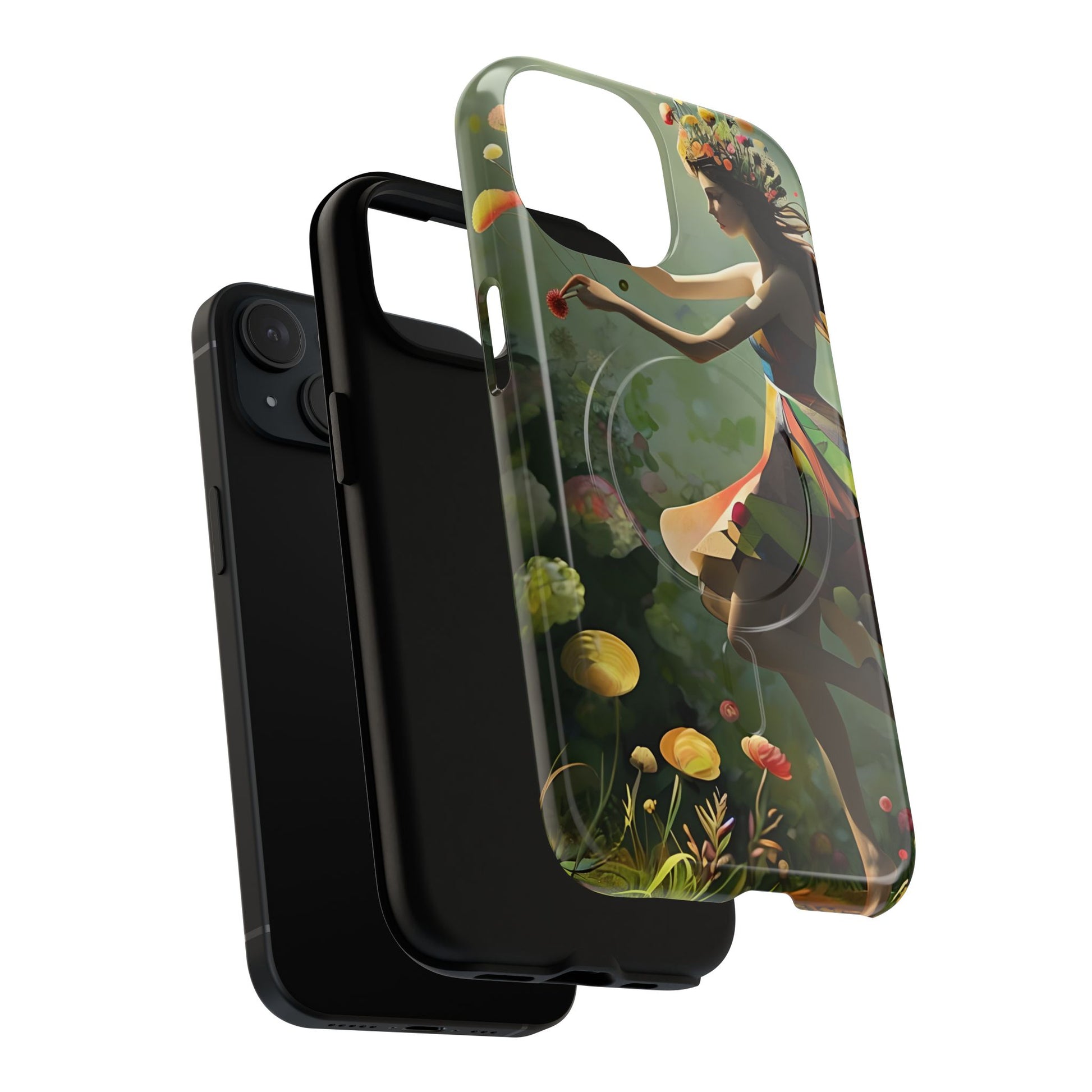 Dancing Wildflower Muse iPhone 15 - Artistic Floral Fantasy Cover - MagSafe Compatible - Whimsical Nature-Inspired Protective Accessory