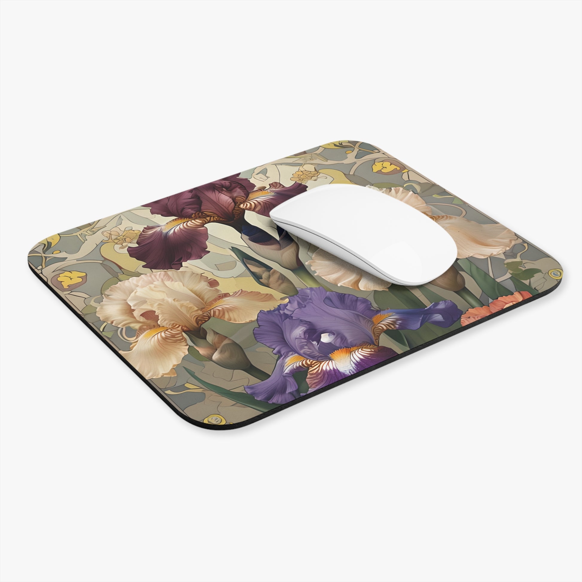 Iris Reverie mouse pad in workspace with mouse showing colorful iris floral design