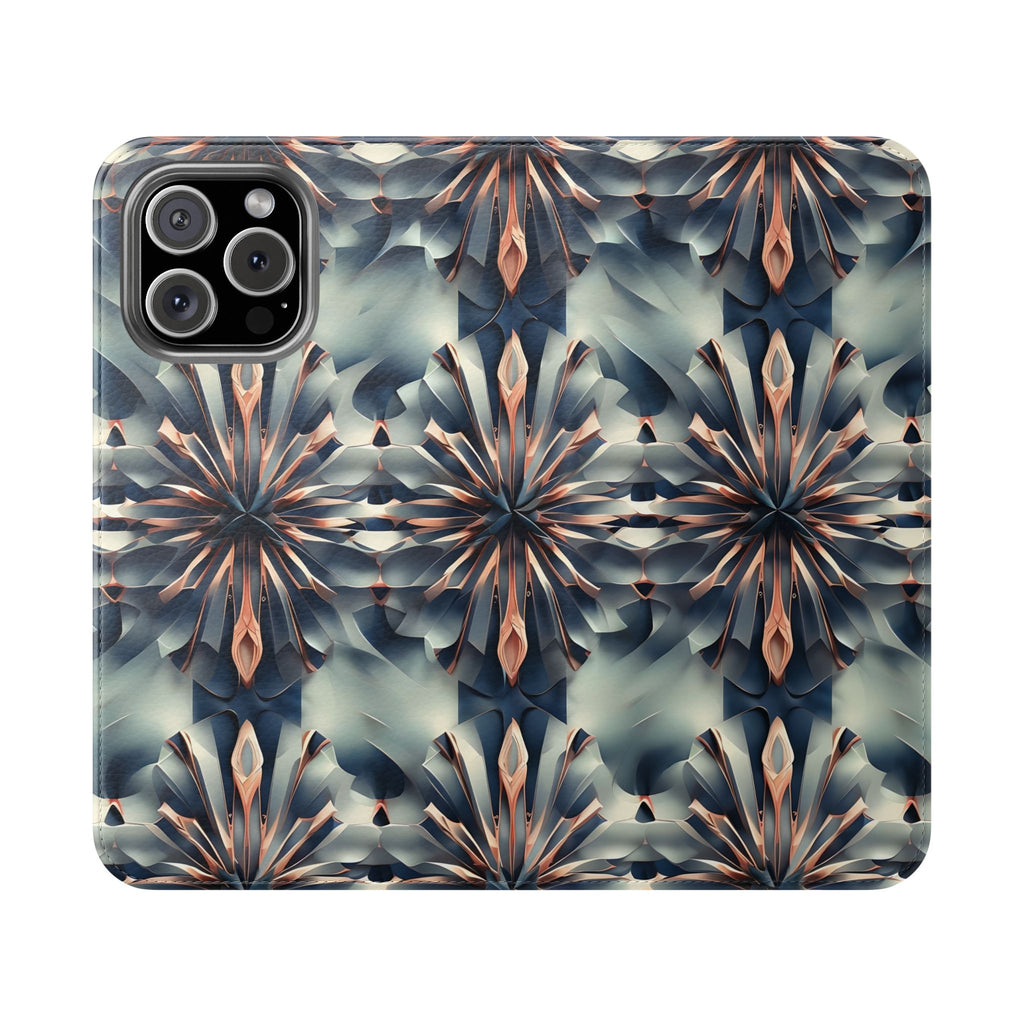 Obsidian Kaleidoscope iPhone 16 Pro Max Wallet Case - Elegant Abstract Flip Cover with Card Slots