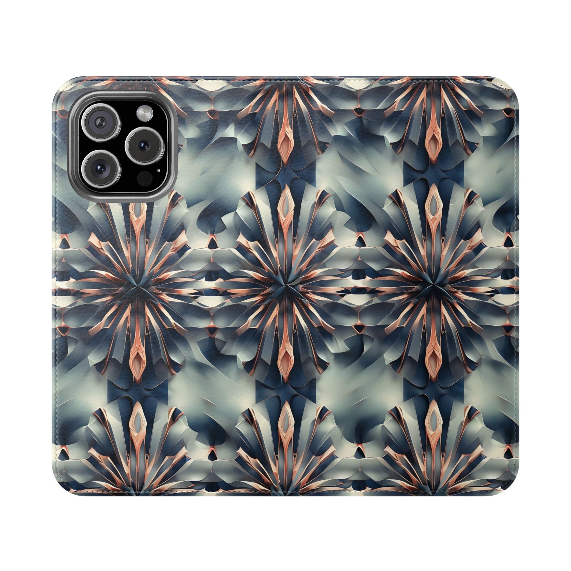 Obsidian Kaleidoscope iPhone 16 Pro Max Wallet Case - Elegant Abstract Flip Cover with Card Slots
