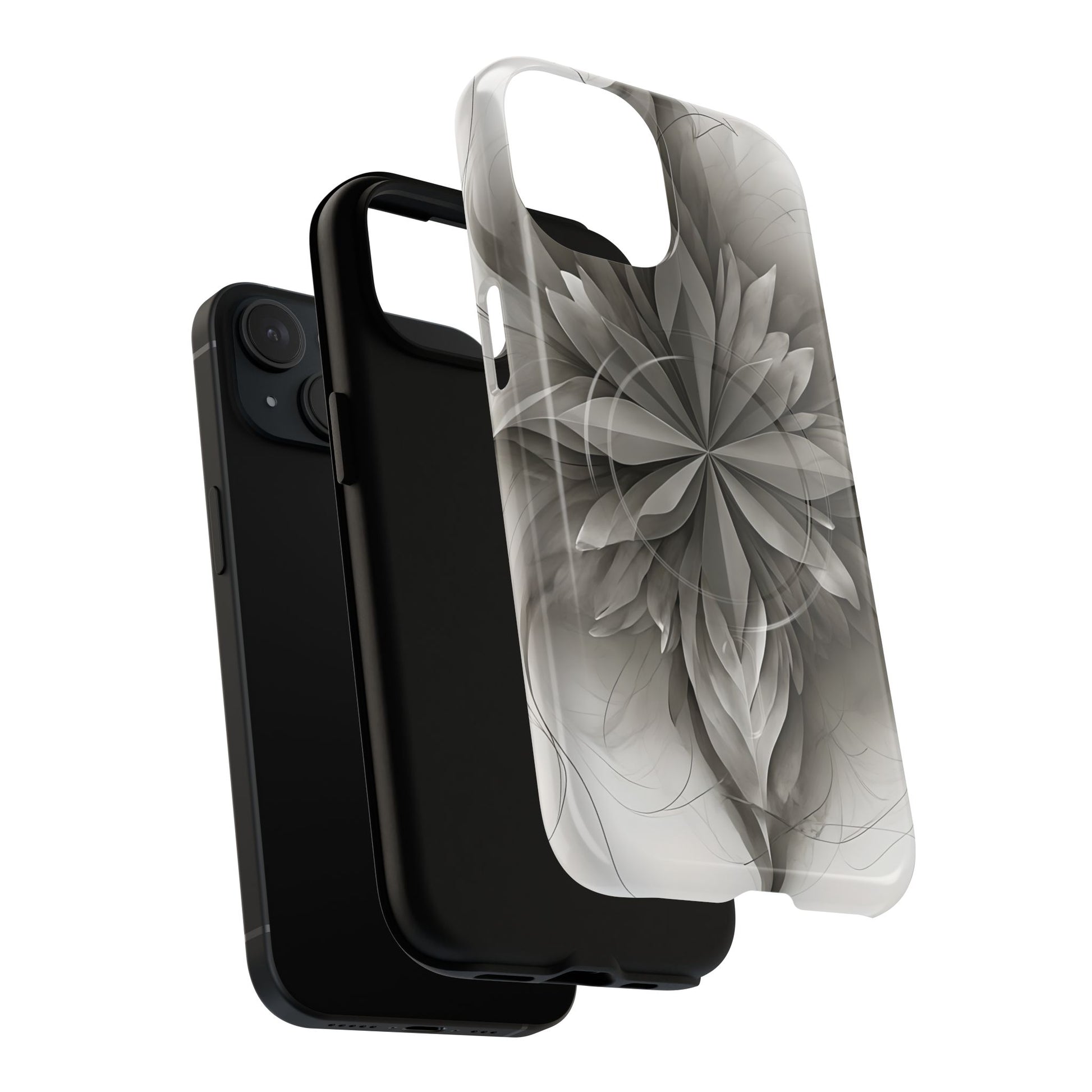 Silver Lotus - Elegant Monochrome Floral iPhone 15 MagSafe Phone Case - Modern Lotus Design