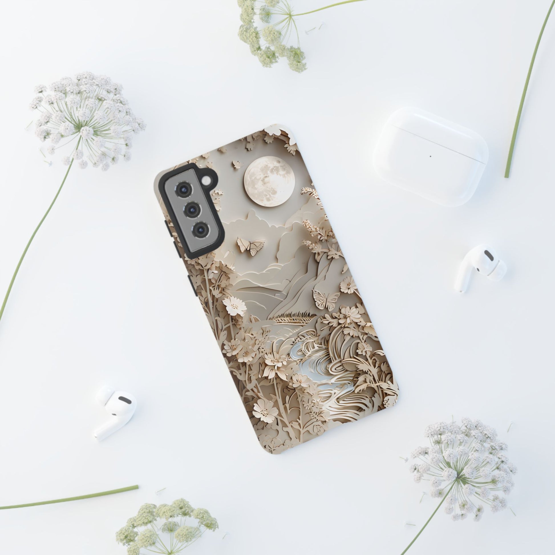 Moonlit Garden - Elegant Neutral Floral Samsung Galaxy S21 Plus Tough Phone Case - Painterly Botanical & Moon Design