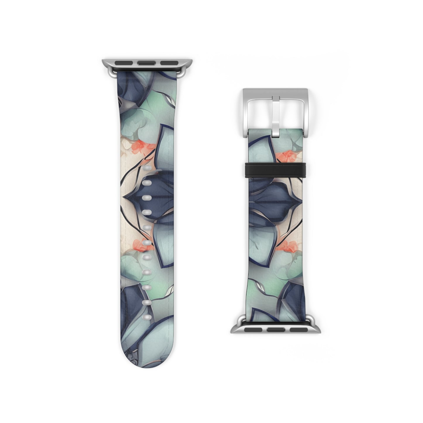 Midnight Mosaic Apple Watch band strap with silver clasp showing geometric mosaic artwork in deep blue and gray tones