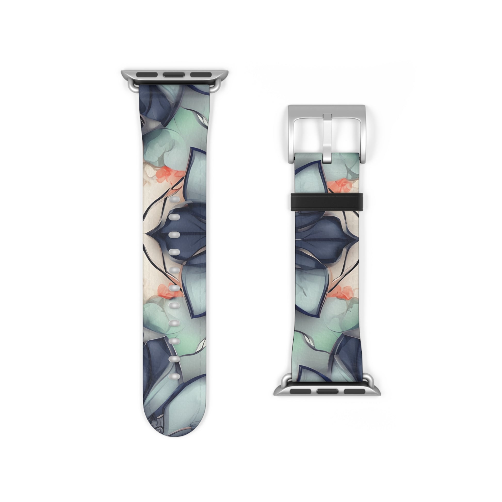 Midnight Mosaic Apple Watch band strap with silver clasp showing geometric mosaic artwork in deep blue and gray tones