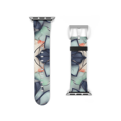 Midnight Mosaic Apple Watch band strap with silver clasp showing geometric mosaic artwork in deep blue and gray tones