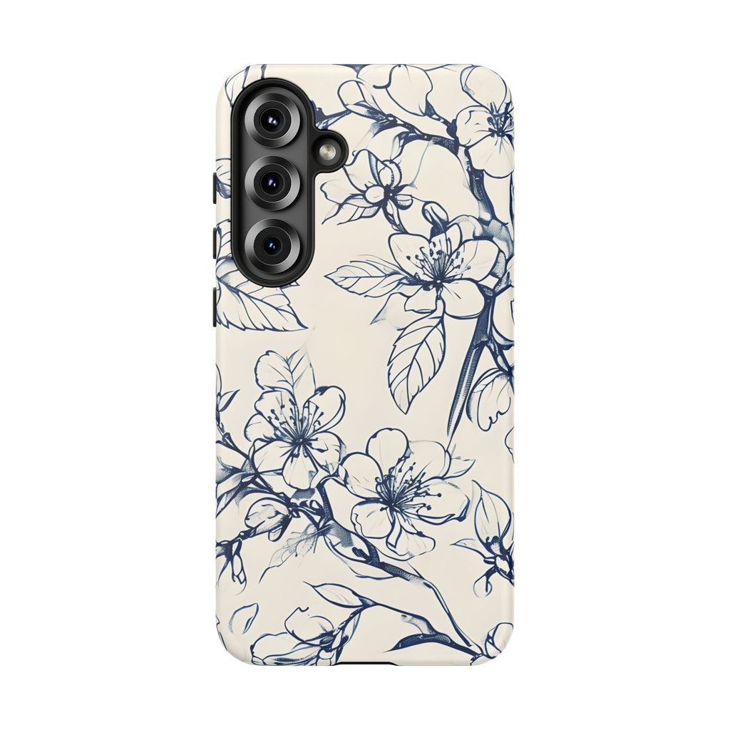 Blossom Sketch - Artistic Blue Floral Samsung Galaxy S25 Plus Tough Phone Case - Hand-Drawn Botanical Design