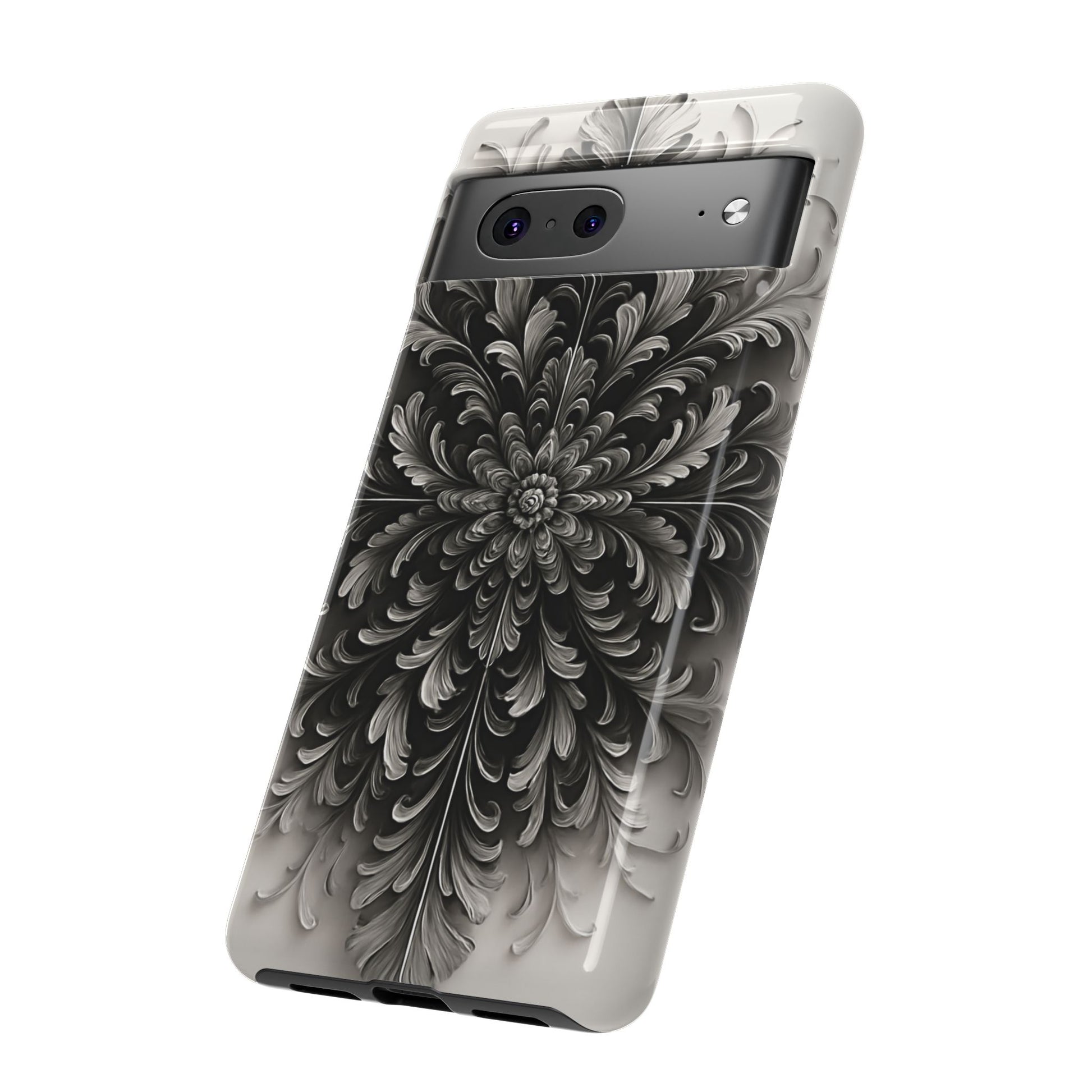 Obsidian Bloom - Elegant Black & White Google Pixel 7 Phone Case - Intricate Mandala Flower Design