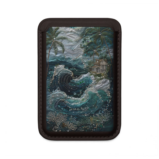 Tropical Midnight Wave MagSafe card holder with ocean wave and tropical night scene on black magnetic wallet.