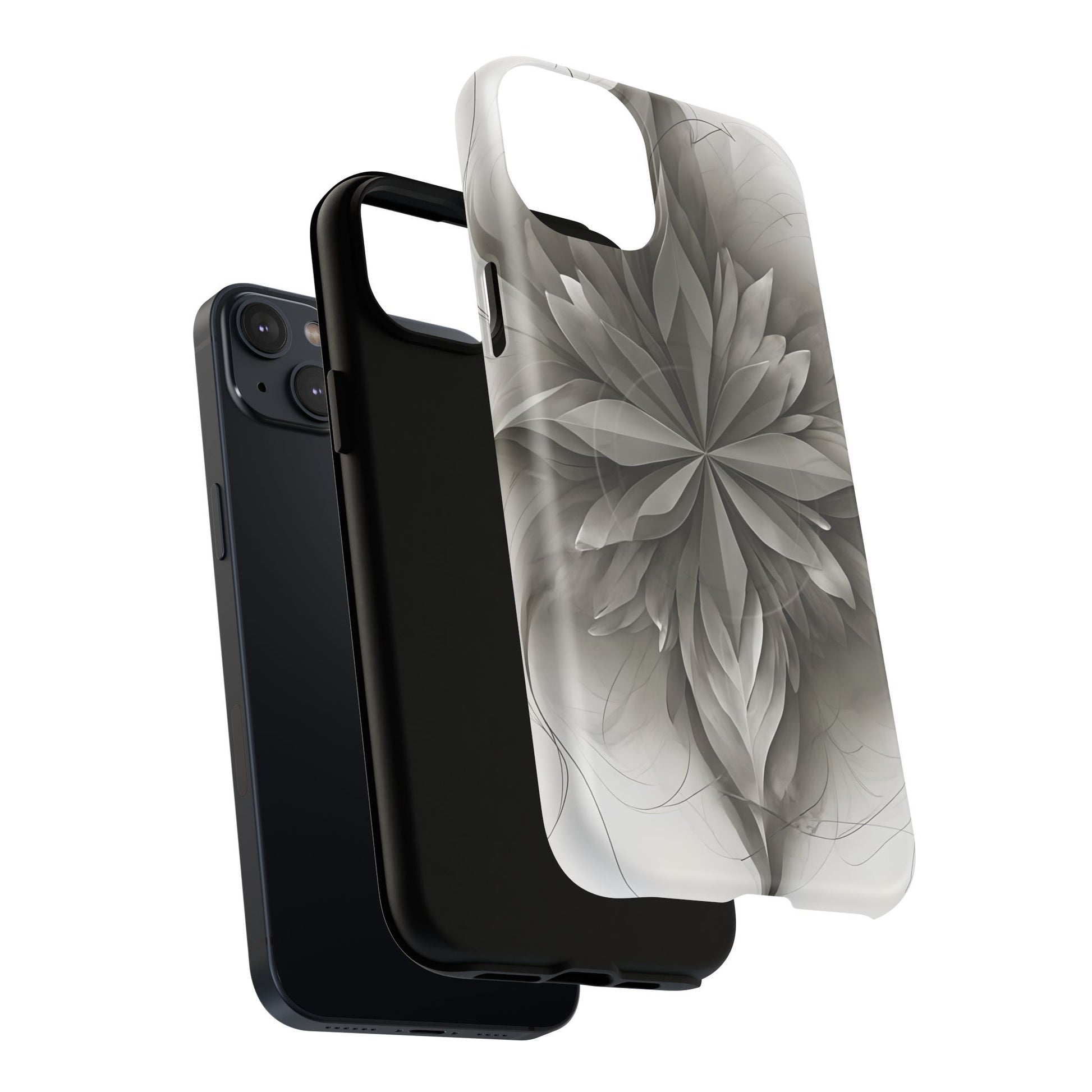 Silver Lotus - Elegant Monochrome Floral iPhone 14 Plus MagSafe Phone Case - Modern Lotus Design