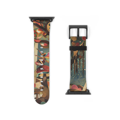 Enchanted Orchard Apple Watch band strap with black clasp displaying detailed orchard-inspired botanical artwork
