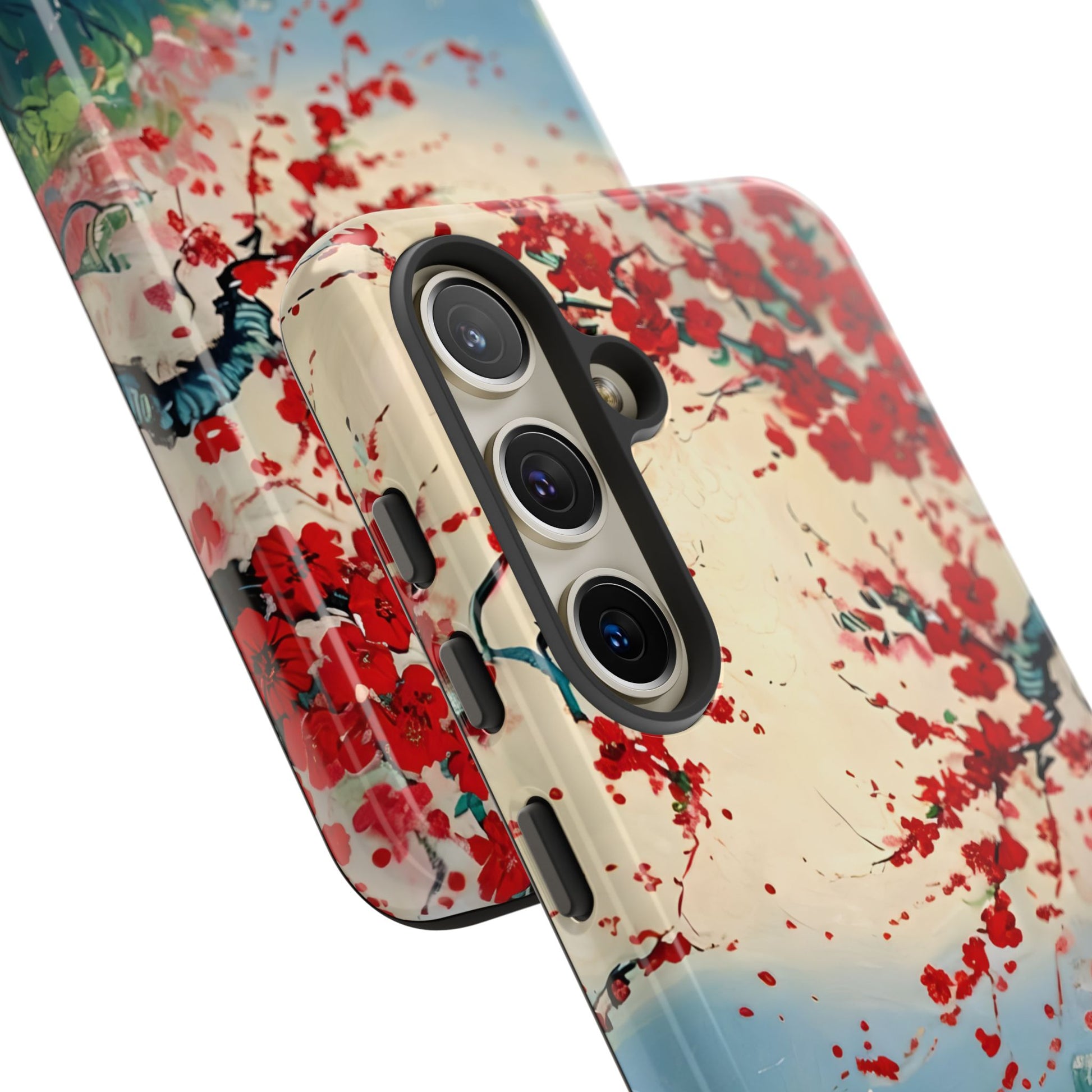 Crimson Blossom Lake - Artistic Floral Landscape Samsung Galaxy S24 Tough Phone Case - Red Cherry Blossoms & Serene Lake Design