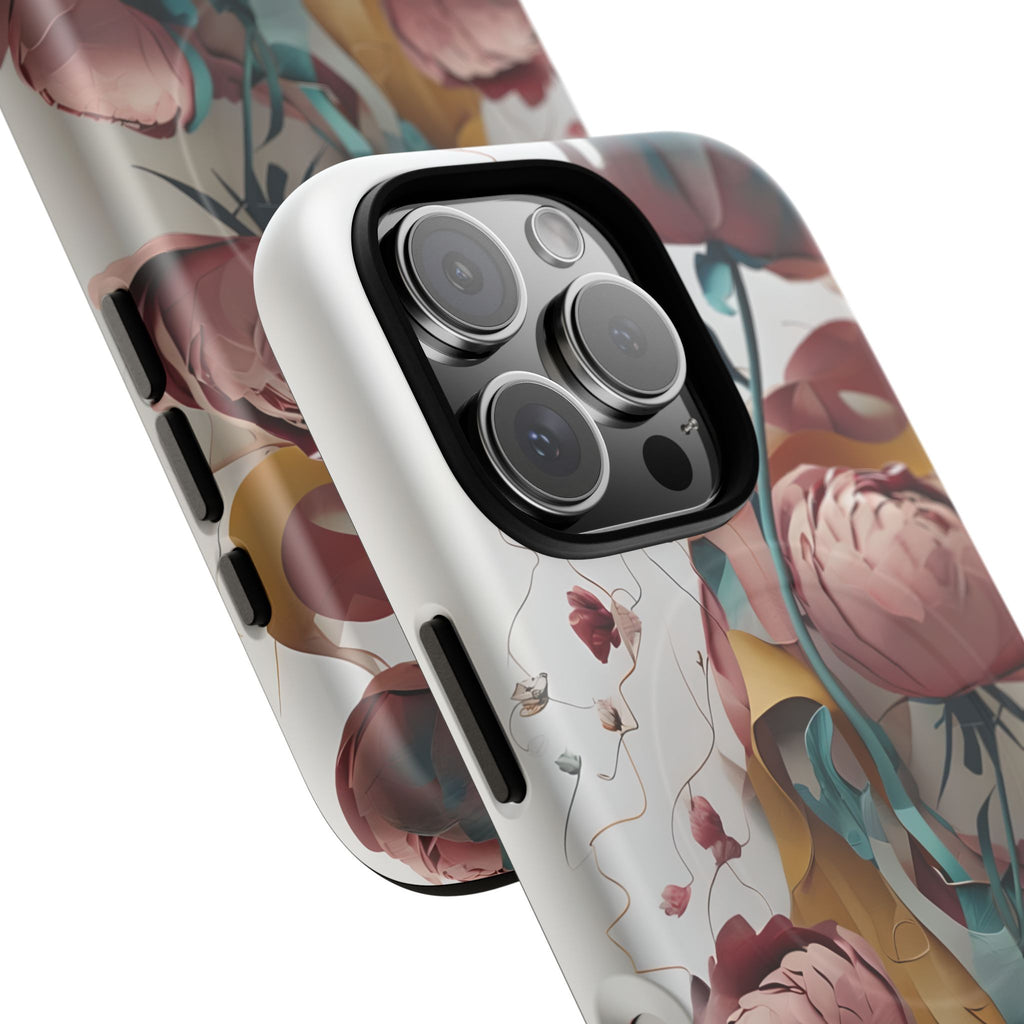 Blushing Peony Veil - Elegant Painterly Floral iPhone 16 Pro MagSafe Phone Case - Soft Blush & Teal Peony Design