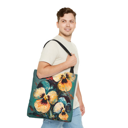 Golden Pansy Canvas Tote Bag (16x16 & 18x18) - Floral Design with Deep Teal Background, Eco-Friendly Shopping Bag