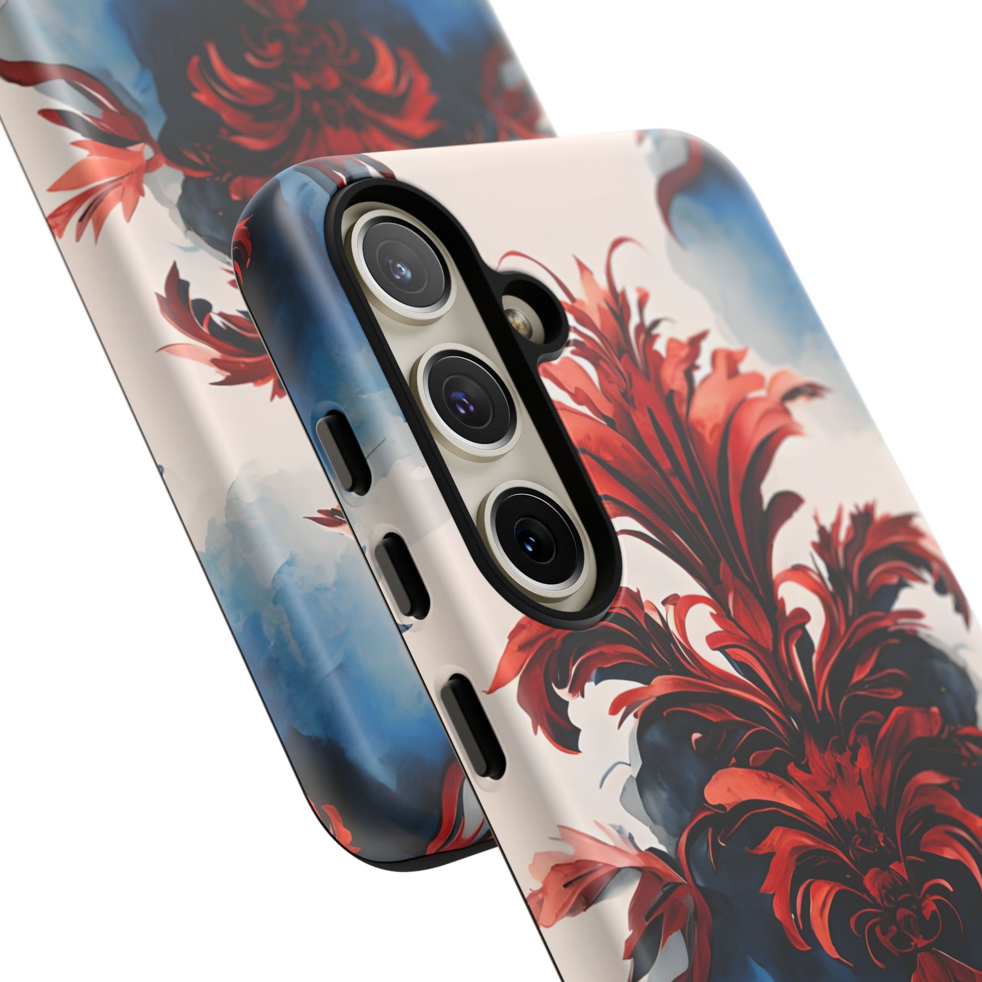 Crimson Plume - Bold Artistic Feather Samsung Galaxy S24 Plus Tough Phone Case - Dramatic Red & Blue Design