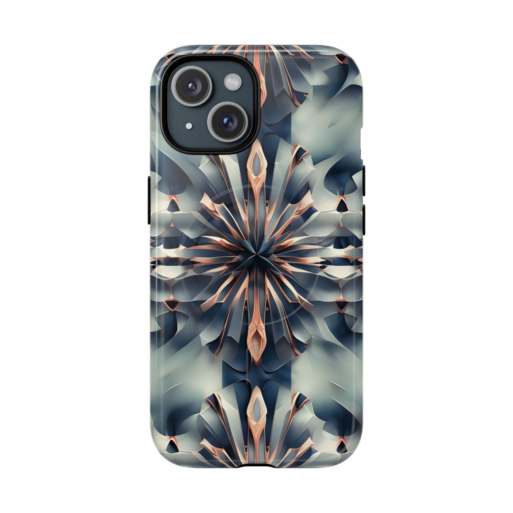 Obsidian Kaleidoscope Artistic Floral Burst - iPhone 15 MagSafe Phone Case -Blue, Peach and Silver Symmetrical Design