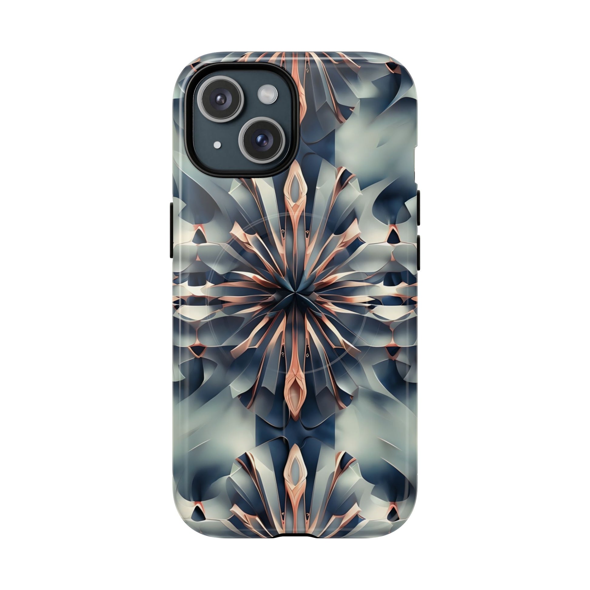 Obsidian Kaleidoscope Artistic Floral Burst - iPhone 15 MagSafe Phone Case -Blue, Peach and Silver Symmetrical Design