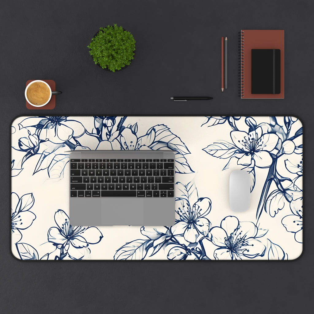 Blossom Sketch Designer Desk Mat - Premium Office Desk Pad, 3 Sizes Available, Blue Floral Botanical Workspace Protection