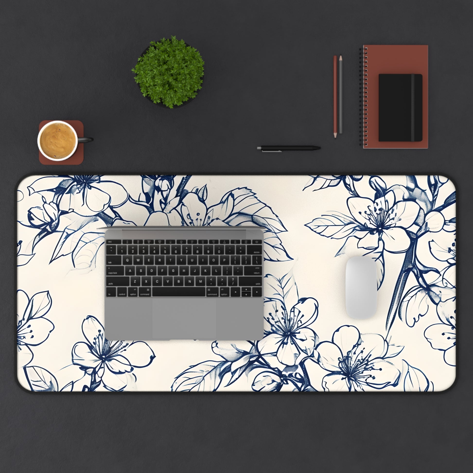 Blossom Sketch Designer Desk Mat - Premium Office Desk Pad, 3 Sizes Available, Blue Floral Botanical Workspace Protection