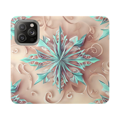 Frosted Petals iPhone Wallet Case - Soft Floral Kaleidoscope Design in Blush & Aqua