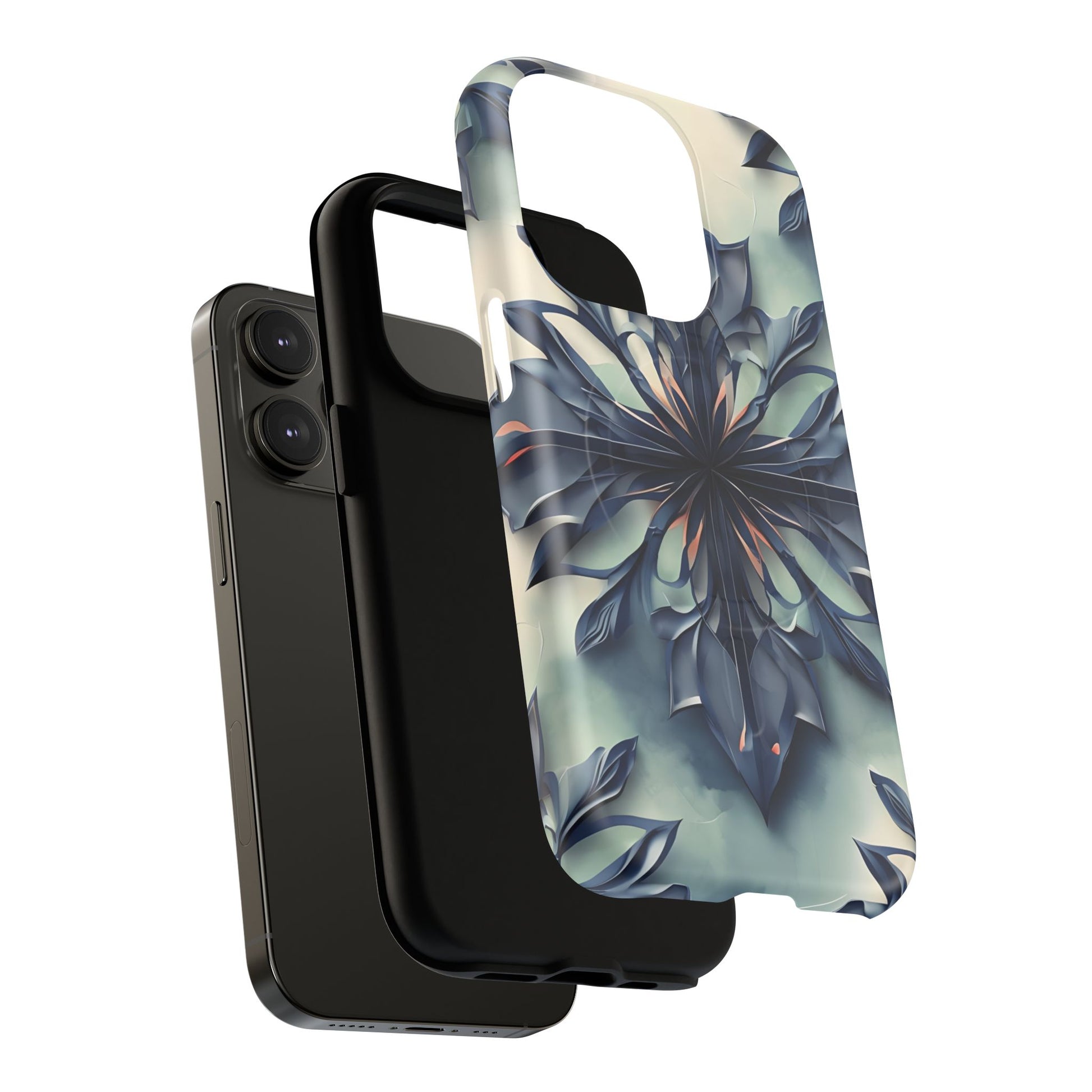 Frosted Indigo Bloom - Artistic Kaleidoscope Collection Artistic Floral - iPhone 14 Pro MagSafe Phone Case -Blue Symmetrical Design