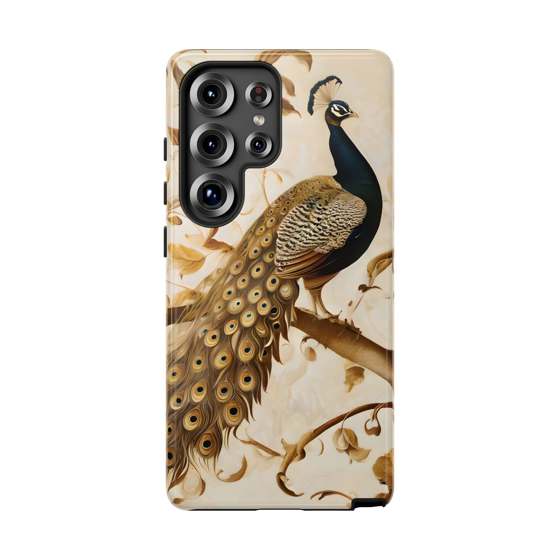Golden Plumage - Luxe Peacock Art Samsung Galaxy S25 Ultra Phone Case - Elegant Gold & Cream Design