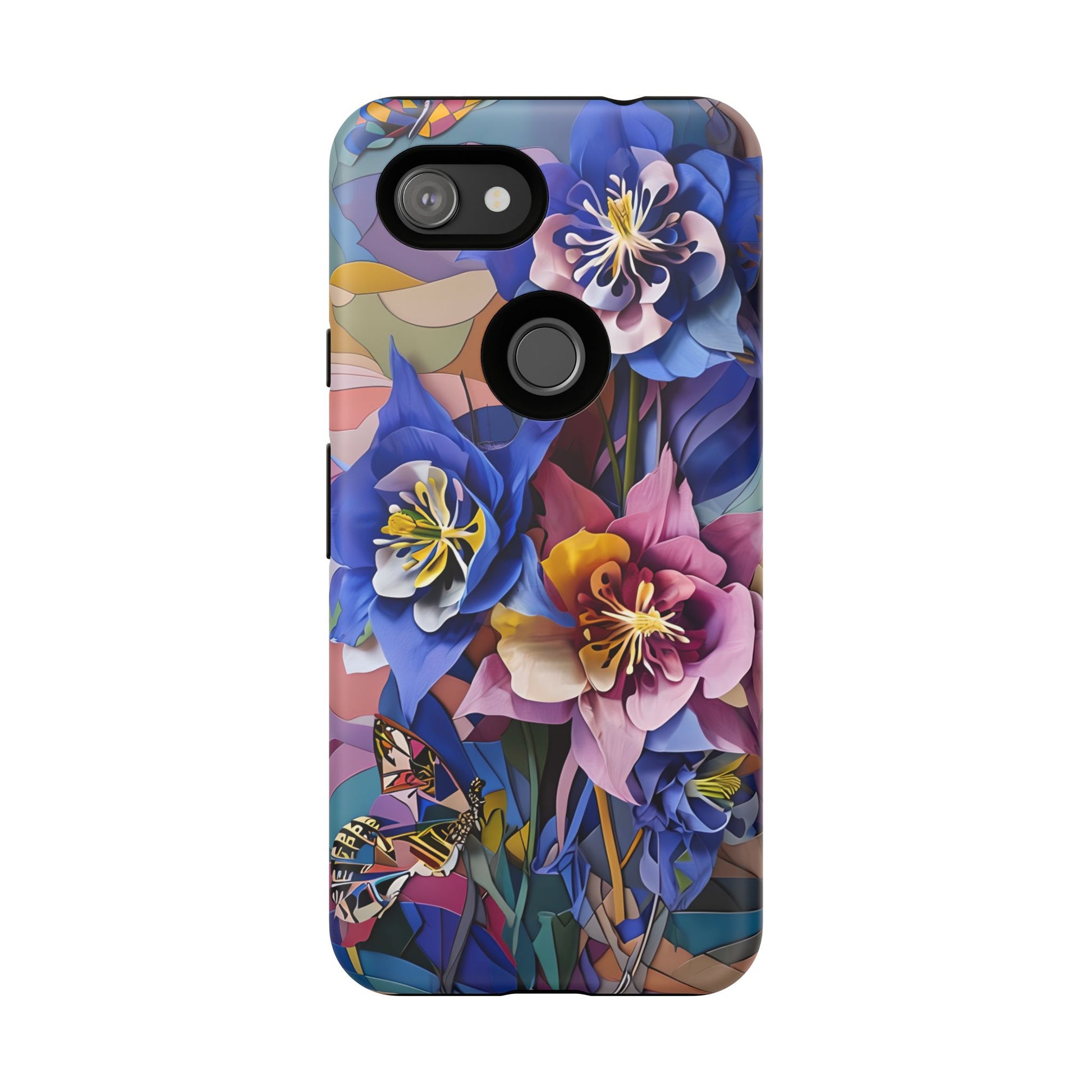 Blue Columbine Carnivale - Artistic Floral & Butterfly Google Pixel 3a Tough Phone Case - Vibrant Botanical Design