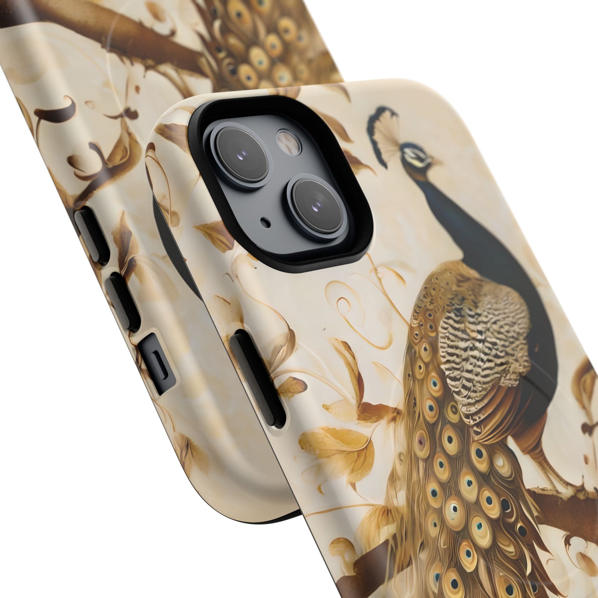 Golden Plumage - Luxe Peacock Art iPhone 14 Plus Phone Case - MagSafe Compatible - Elegant Gold & Cream Design