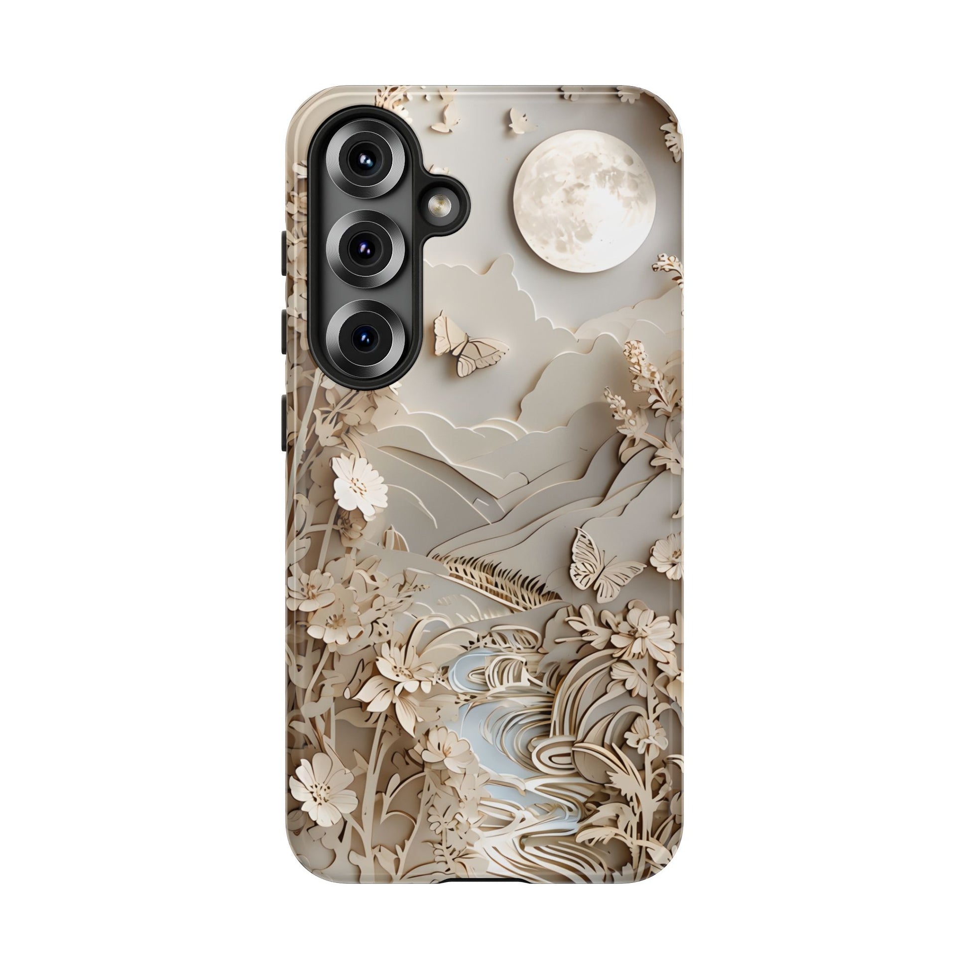 Moonlit Garden - Elegant Neutral Floral Samsung Galaxy S25 Tough Phone Case - Painterly Botanical & Moon Design