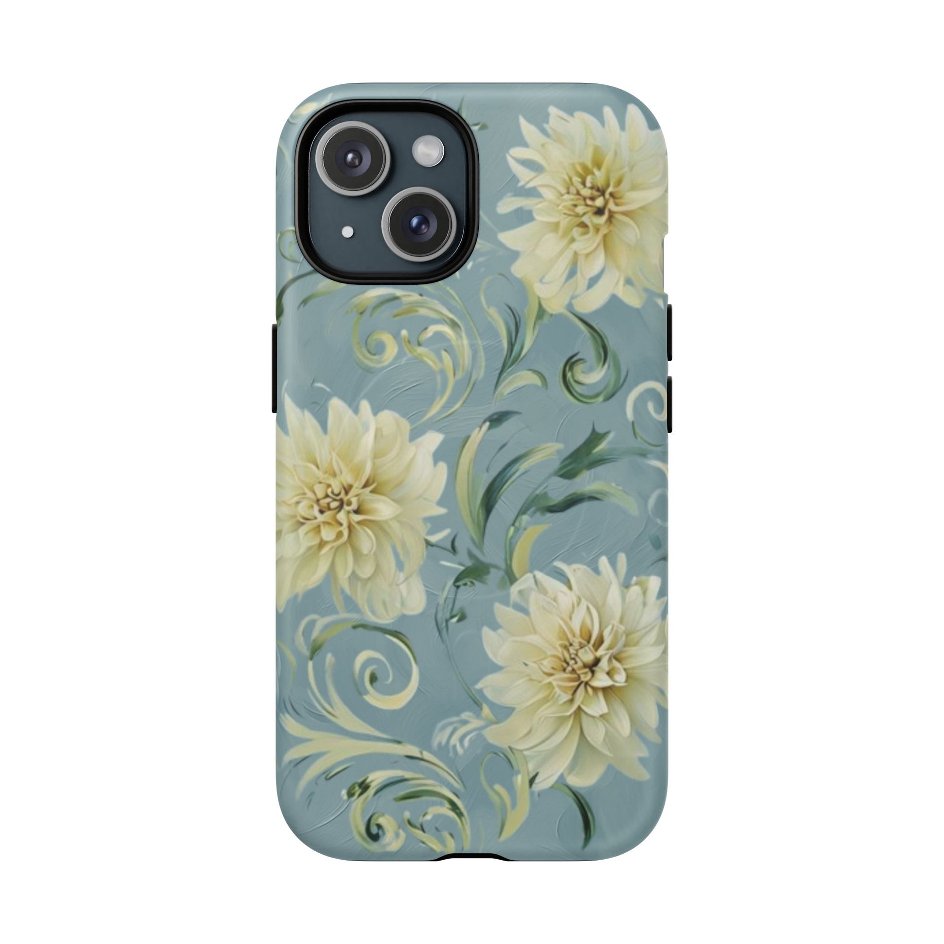 Golden Dahlia Trio - Elegant Floral iPhone 15 MagSafe Phone Case - Artistic White & Blue Dahlia Design