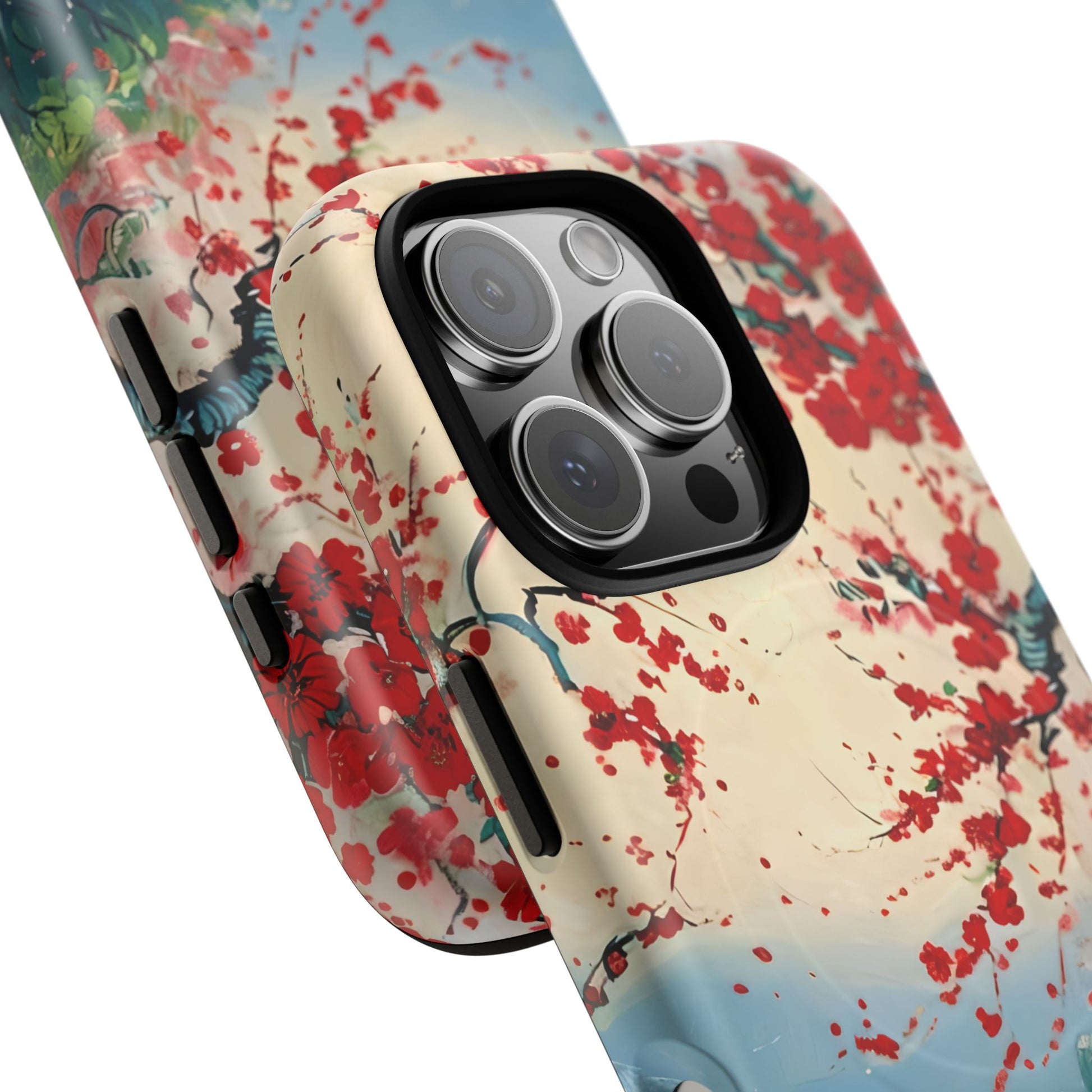 Crimson Blossom Lake - Artistic Floral Landscape iPhone 16 Pro MagSafe Phone Case - Red Cherry Blossoms & Serene Lake Design
