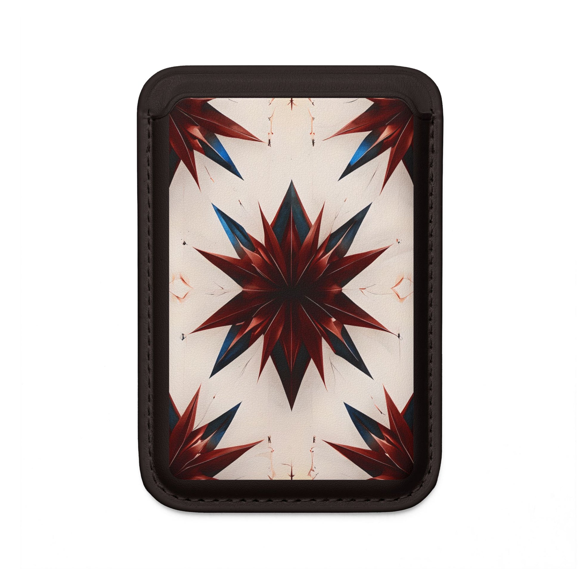 Garnet Starburst MagSafe card holder with red and blue geometric starburst design on black magnetic wallet.