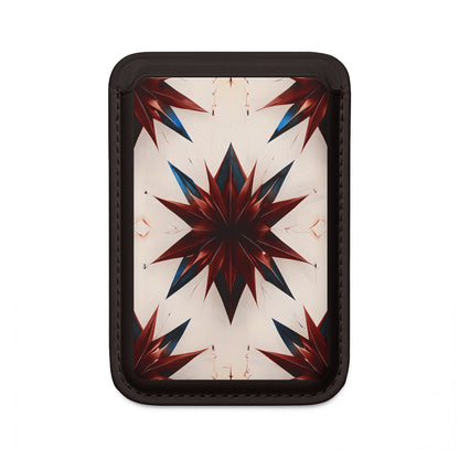 Garnet Starburst MagSafe card holder with red and blue geometric starburst design on black magnetic wallet.