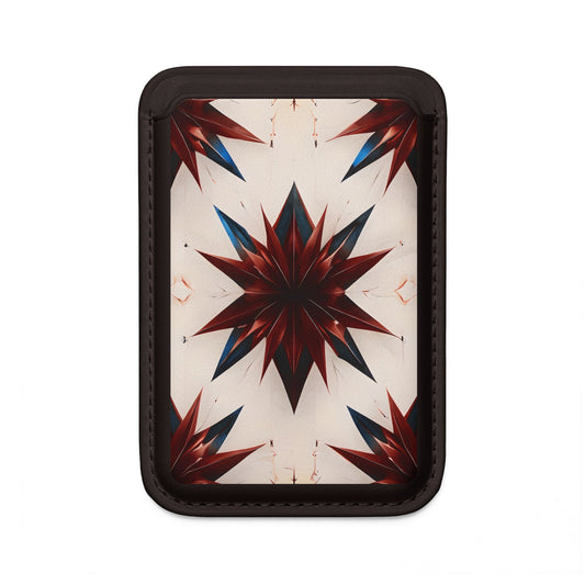 Garnet Starburst MagSafe card holder with red and blue geometric starburst design on black magnetic wallet.