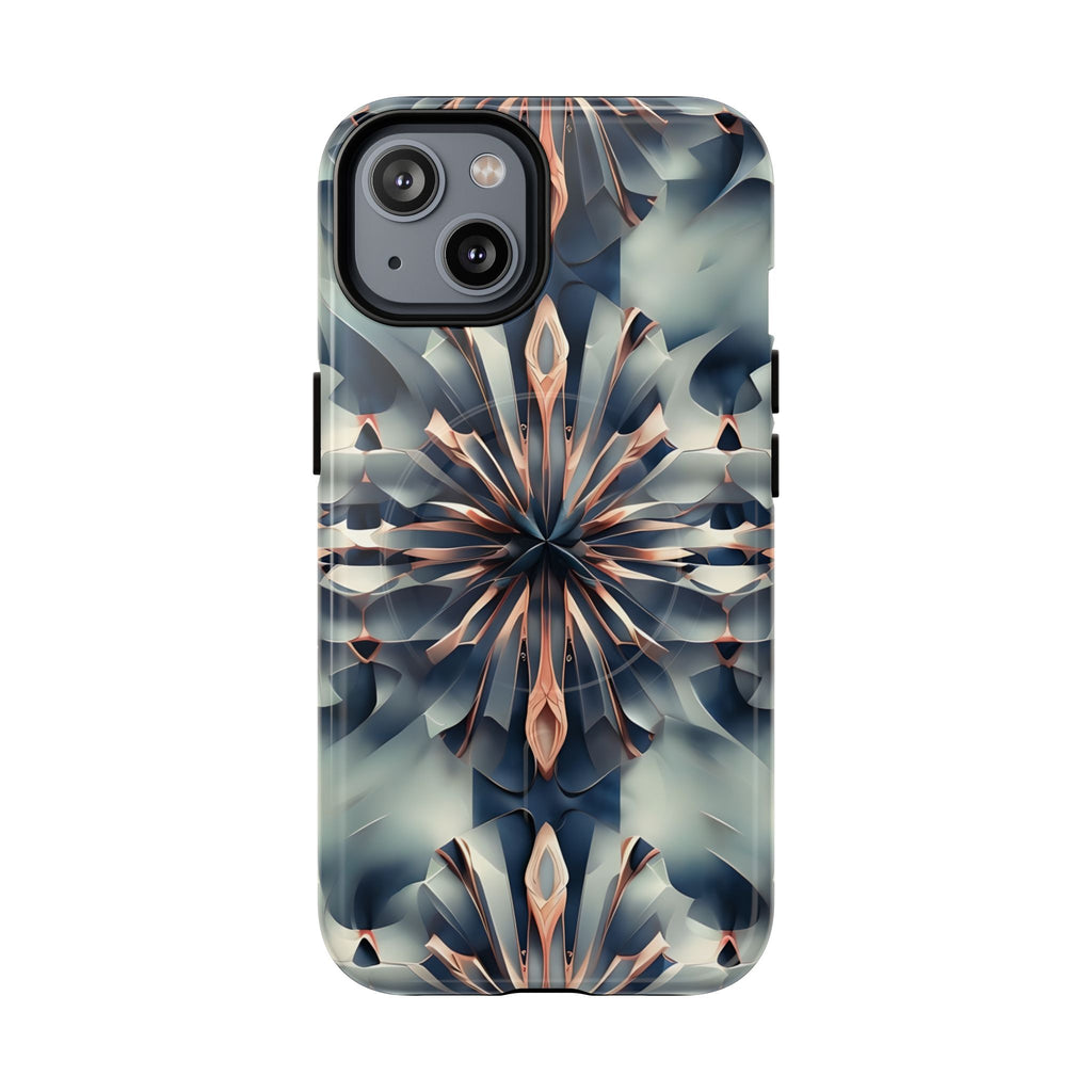 Obsidian Kaleidoscope Artistic Floral Burst - iPhone 14 MagSafe Phone Case -Blue, Peach and Silver Symmetrical Design