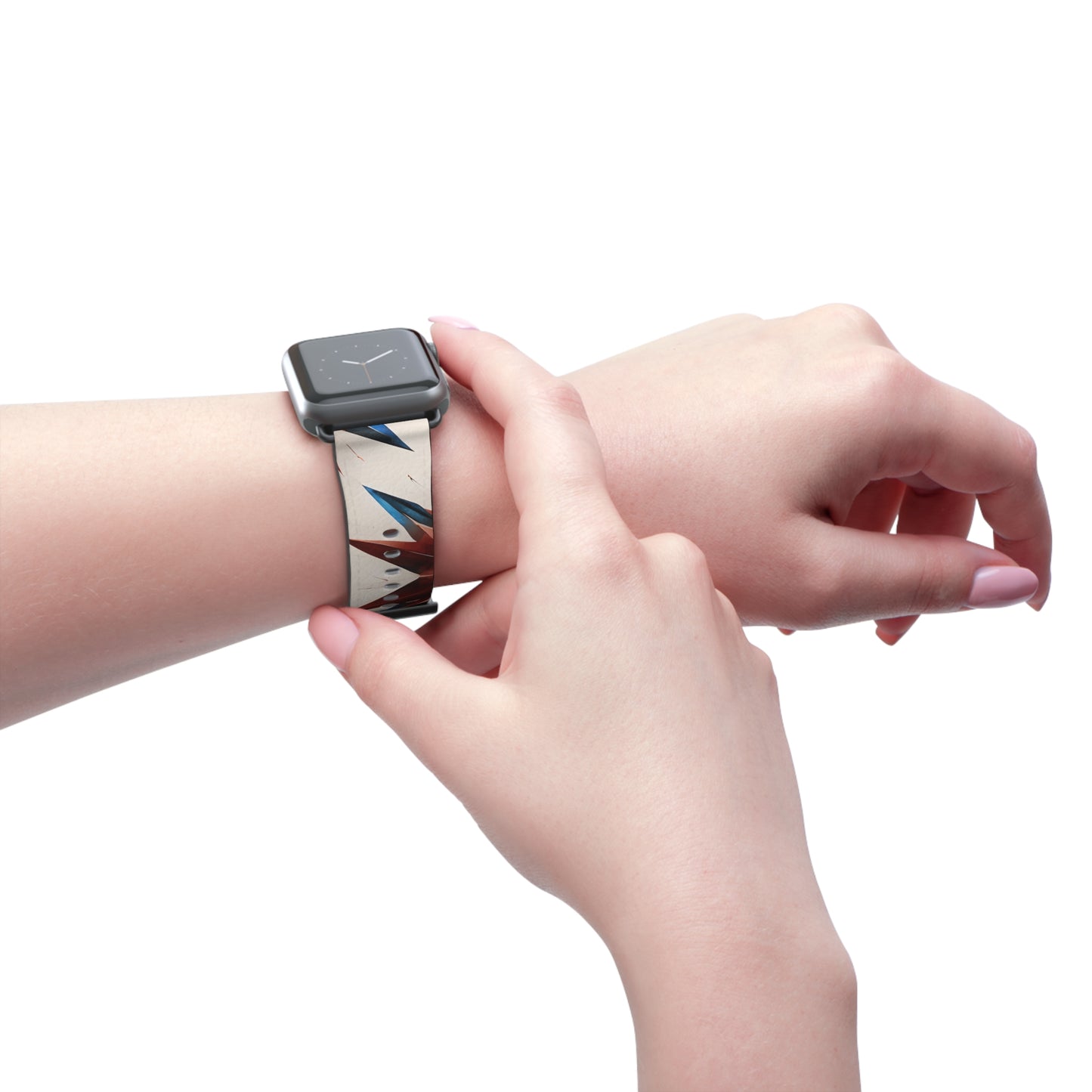 Garnet Starburst Apple Watch band worn on wrist featuring bold red white and blue geometric starburst pattern