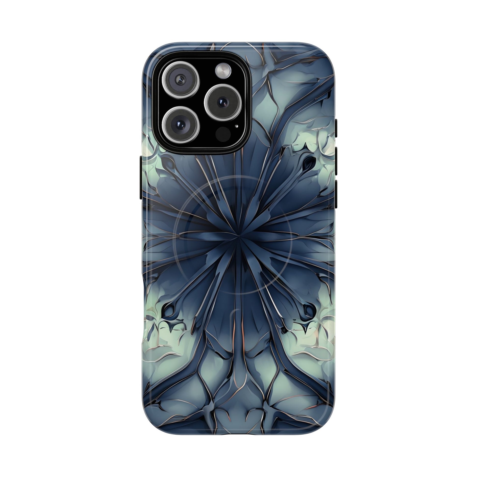 Indigo Mosaic - Artistic Kaleidoscope Collection Artistic Floral - iPhone 16 Pro Max MagSafe Phone Case -Bold Blue Symmetrical Design