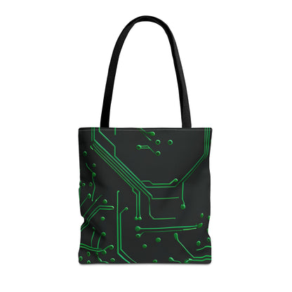 Green Circuit Grid canvas tote bag featuring futuristic green circuit board pattern with black handles
