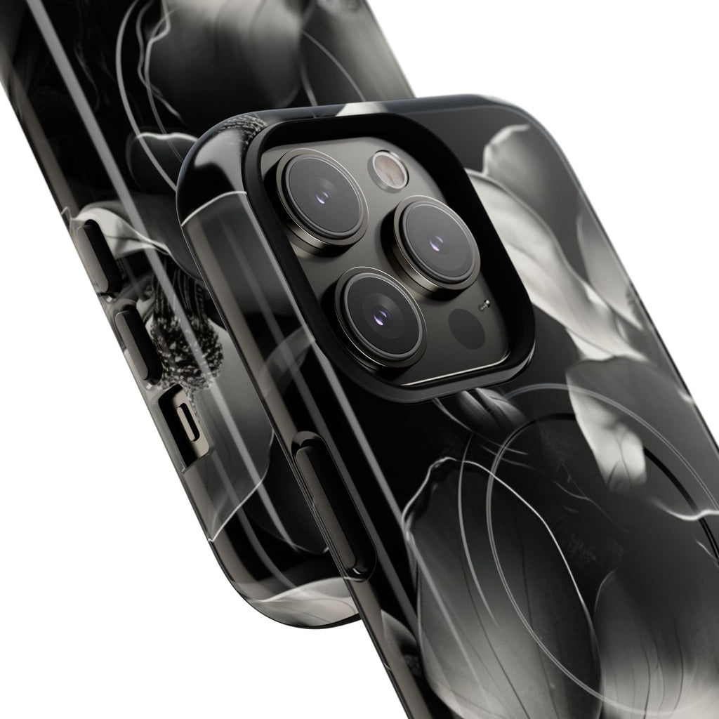 Monochrome Magnolia - Elegant Black & White Floral iPhone 14 Pro MagSafe Phone Case - Artistic Magnolia Design
