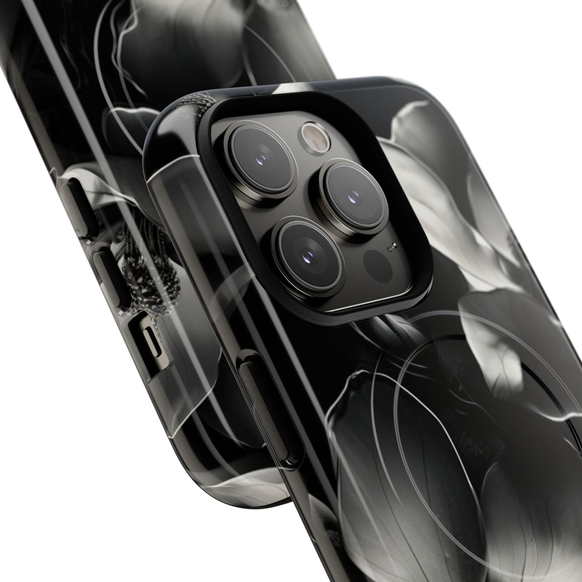 Monochrome Magnolia - Elegant Black & White Floral iPhone 14 Pro MagSafe Phone Case - Artistic Magnolia Design
