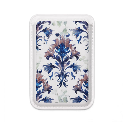 Delft Reverie MagSafe card holder with blue Delft-inspired floral design on white magnetic wallet.