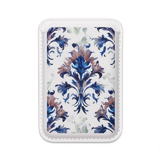 Delft Reverie MagSafe card holder with blue Delft-inspired floral design on white magnetic wallet.